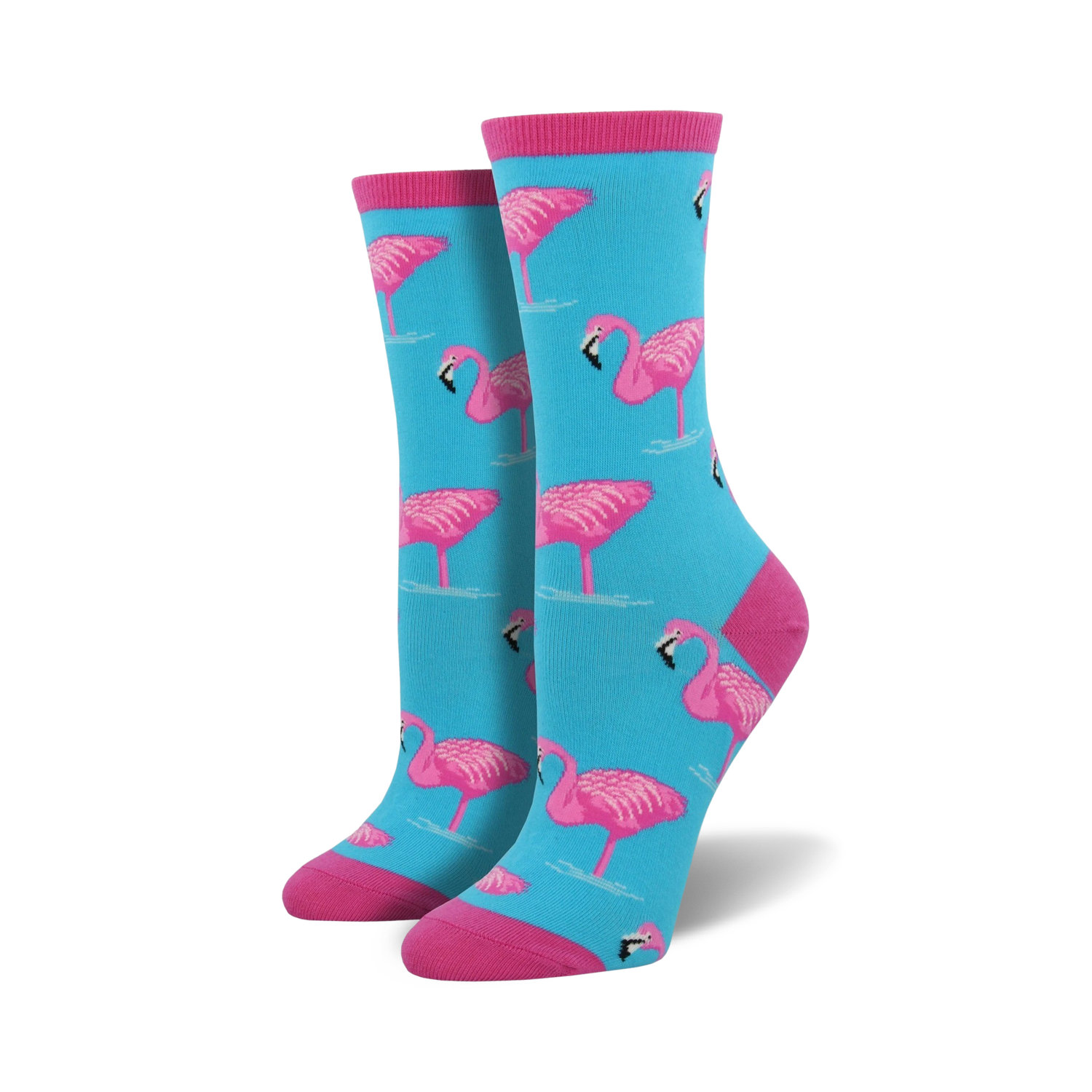 Pair of women's crew socks in teal with a pink flamingo pattern. Pink cuffs.
