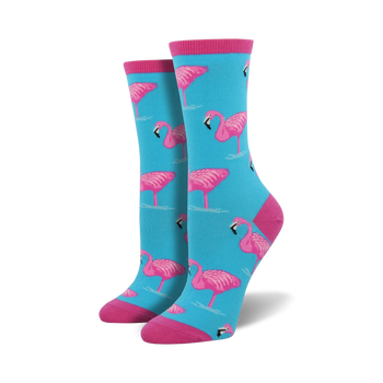 flamingos flamingo themed womens blue novelty crew socks