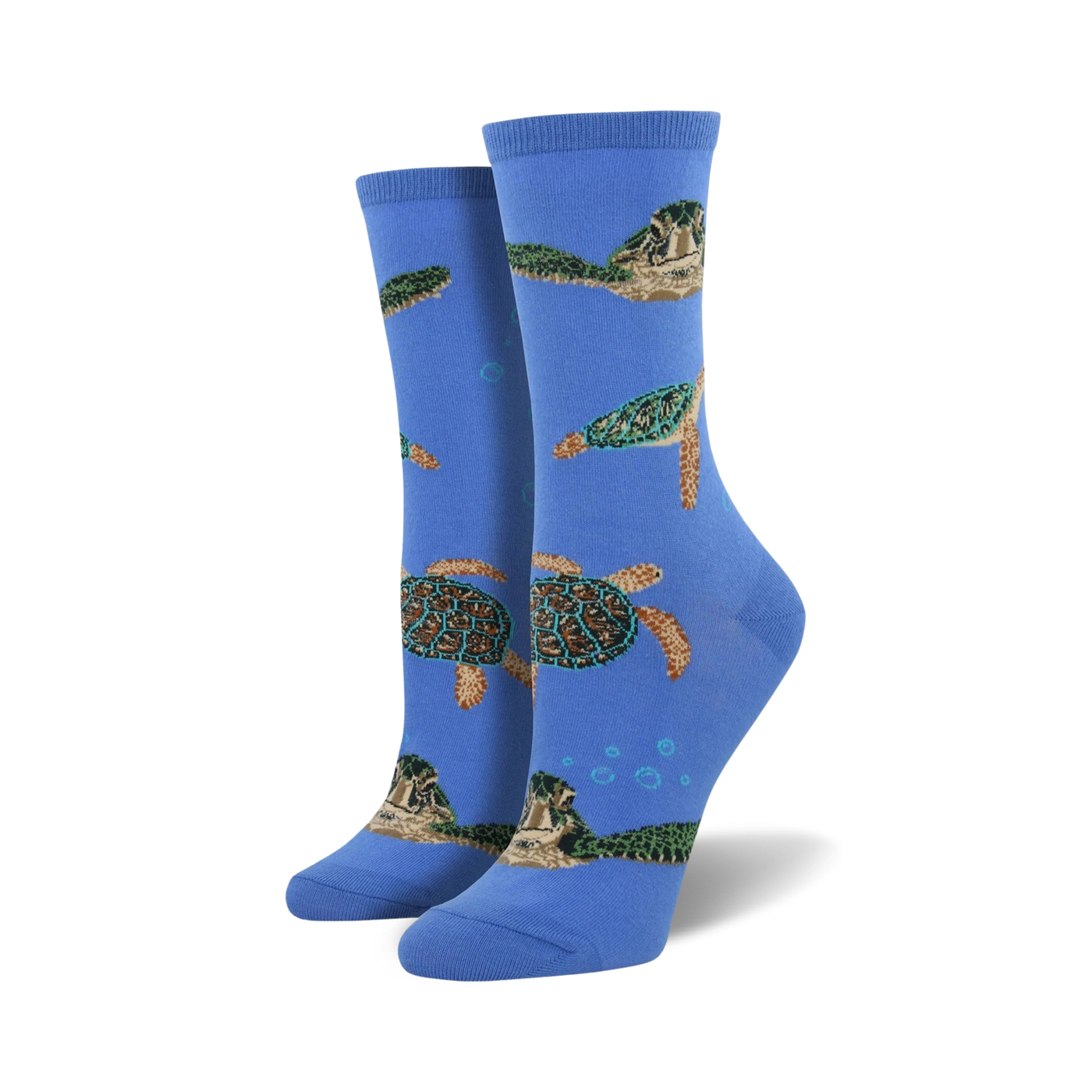 A pair of women's crew socks in blue, featuring a pattern of sea turtles swimming amongst bubbles. The turtles are green, brown, and beige.
