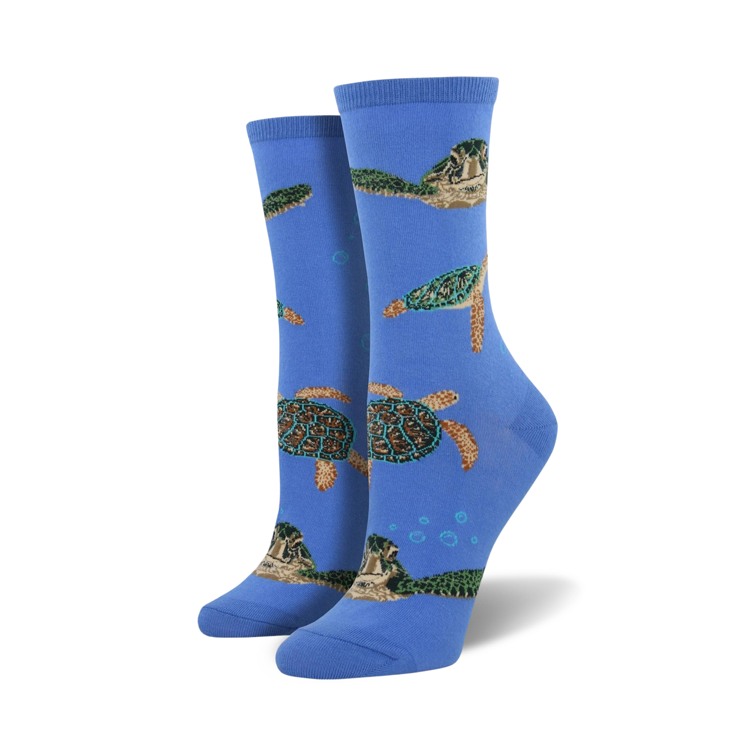 A pair of women's crew socks in blue, featuring a pattern of sea turtles swimming amongst bubbles. The turtles are green, brown, and beige.