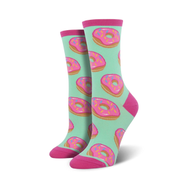 mint green crew socks for women with pink donut pattern & colorful sprinkles   