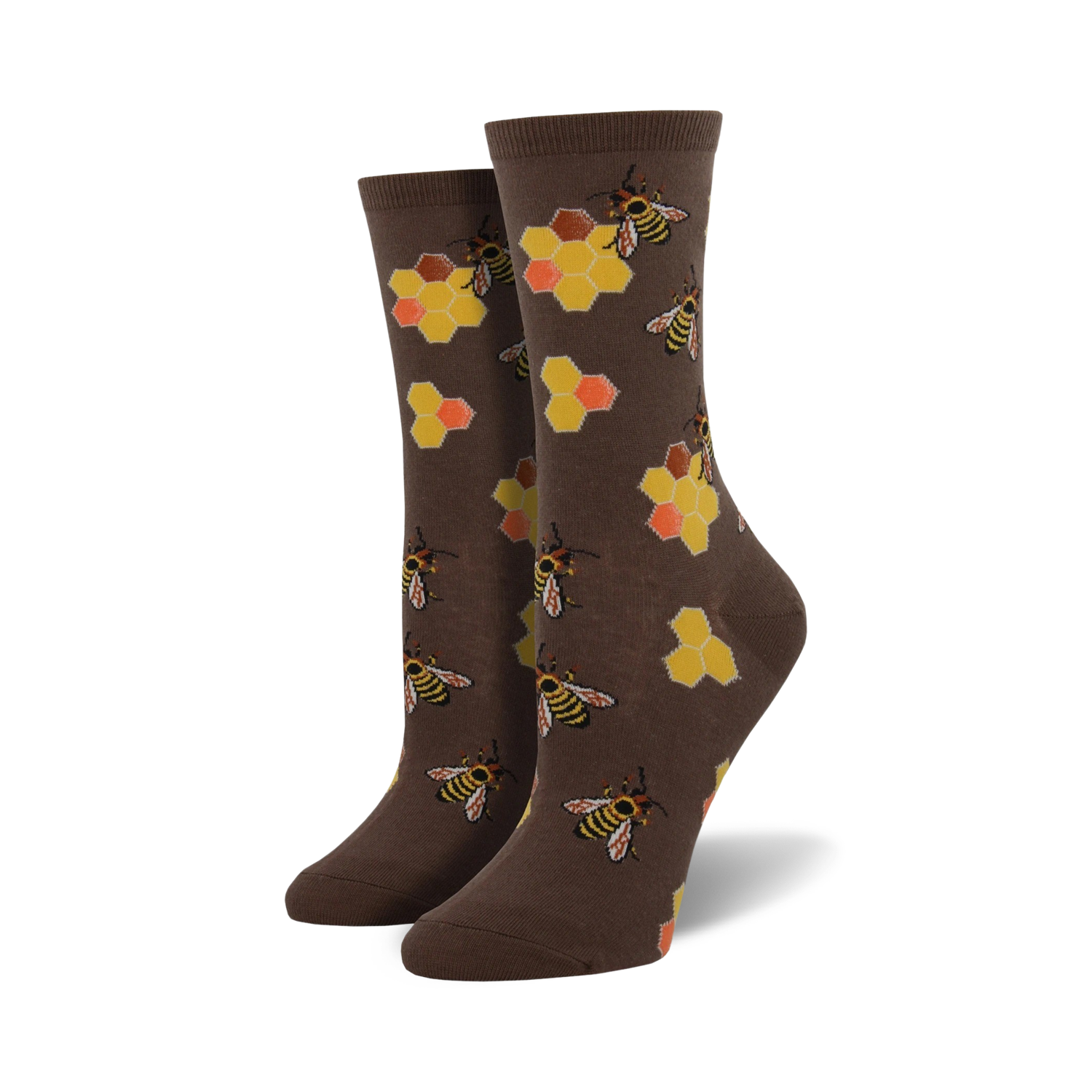 Pair of crew socks in brown and mint green. Design features busy bees and honeycombs.