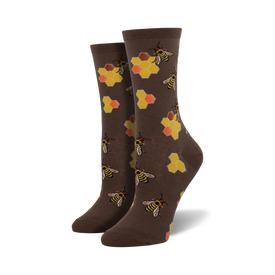 busy bees crew socks feature a yellow and black bee with orange honeycomb pattern on brown socks.   