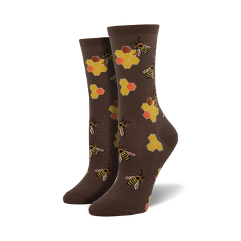 busy bees crew socks feature a yellow and black bee with orange honeycomb pattern on brown socks.   