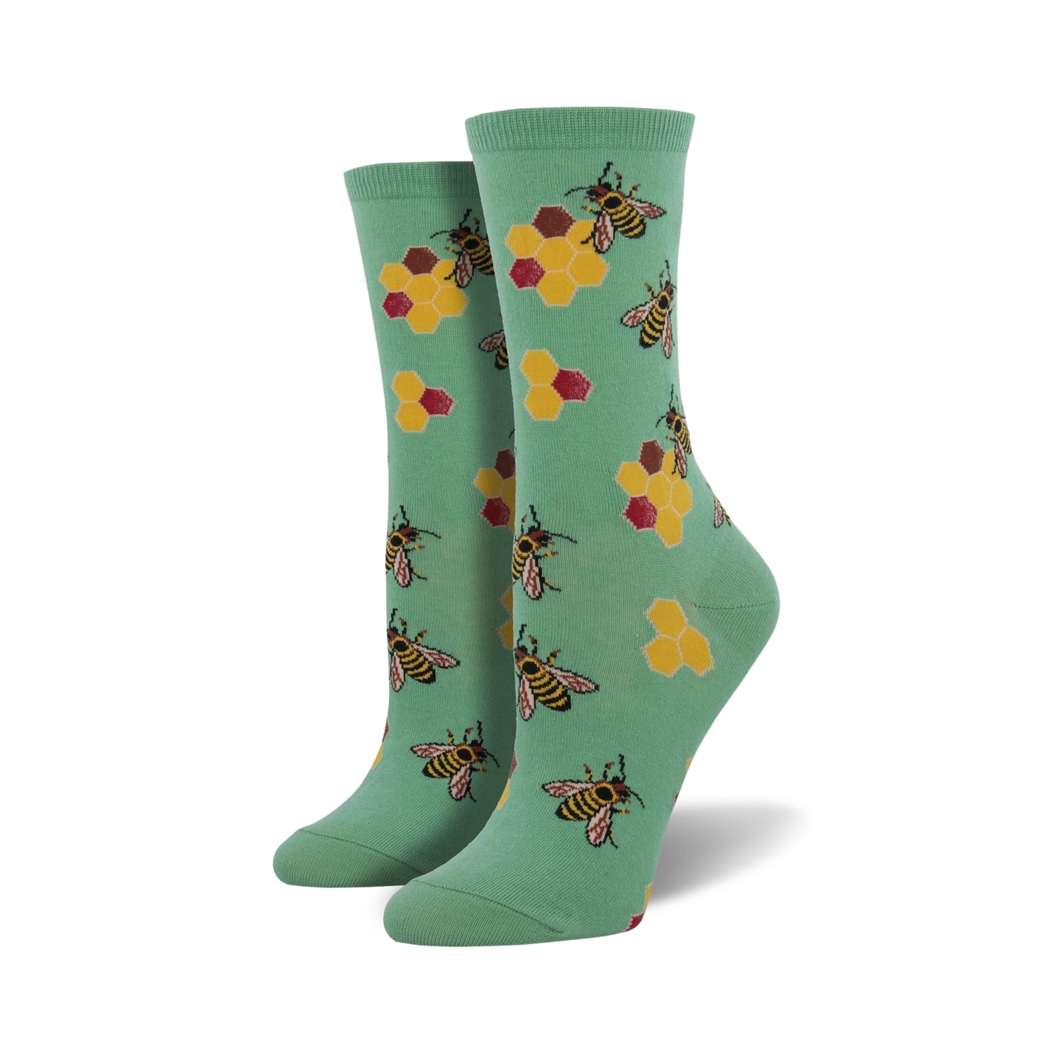 Lifestyle shot of a person wearing the mint green Busy Bees socks.