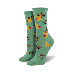 women's light green crew socks with black, yellow, red, and white bee and honeycomb patterns.  