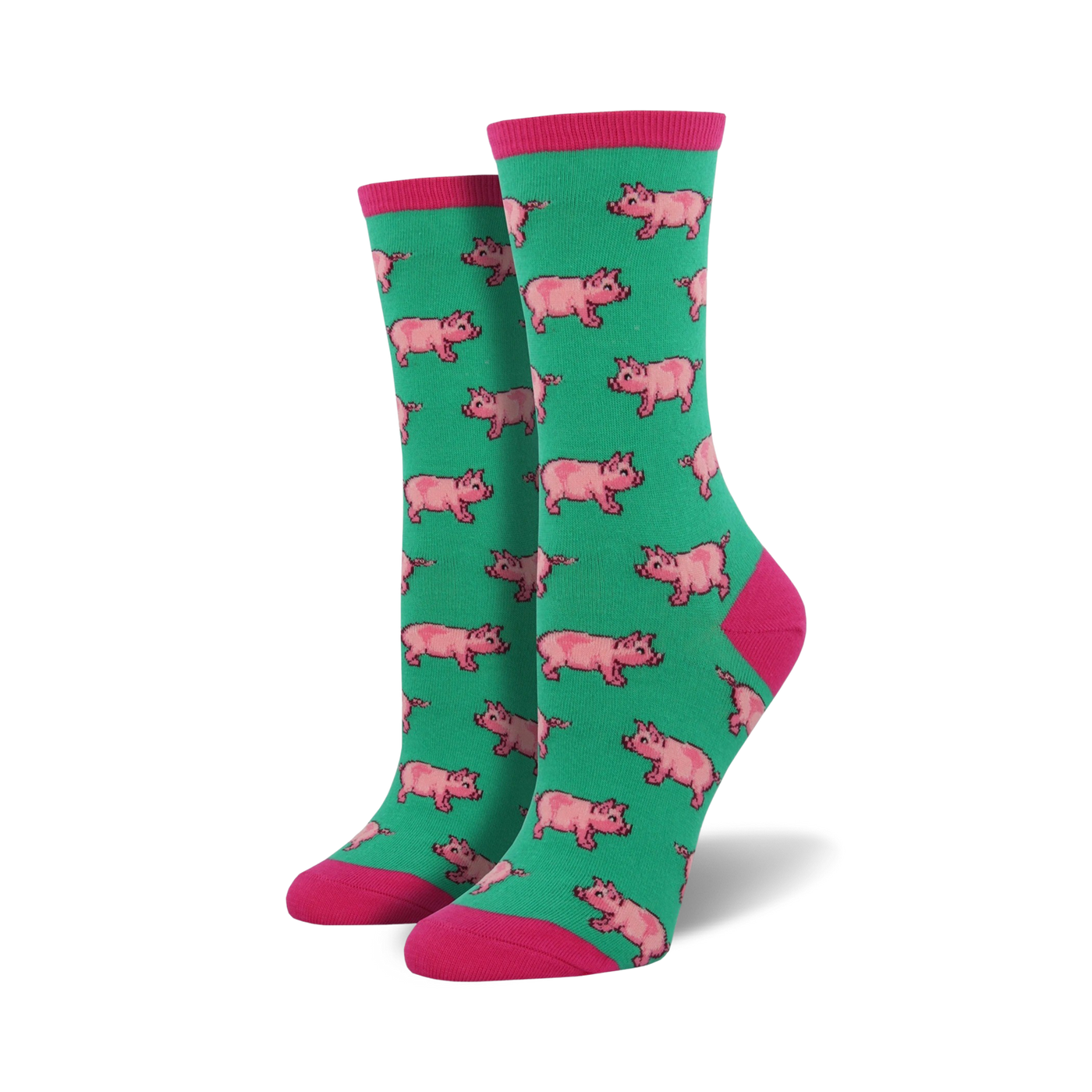 Pair of crew socks in teal with a repeating pattern of pink pigs. Pink cuffs.