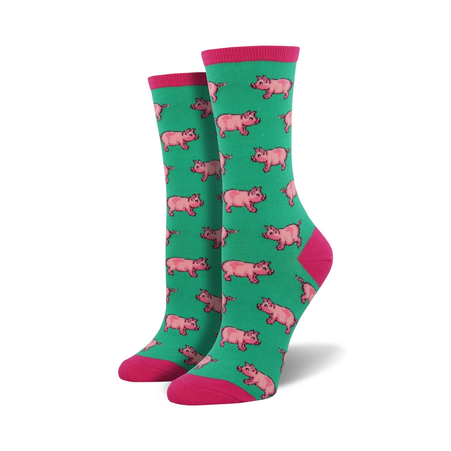 Pair of crew socks in teal with a repeating pattern of pink pigs. Pink cuffs.