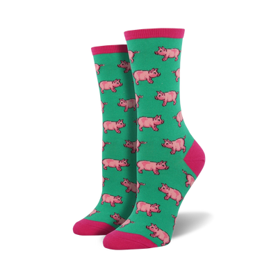 womens' green crew socks with pink cartoon pigs wearing hats and different colored feet; pink toe, heel, and green cuff.  