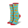 Pair of crew socks with a teal background and repeating pattern of smiling macaroni and cheese pieces. Red cuffs.
