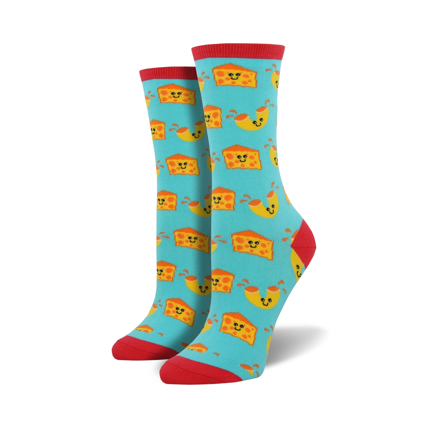 Pair of crew socks with a teal background and repeating pattern of smiling macaroni and cheese pieces. Red cuffs.