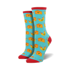 Pair of crew socks with a teal background and repeating pattern of smiling macaroni and cheese pieces. Red cuffs.