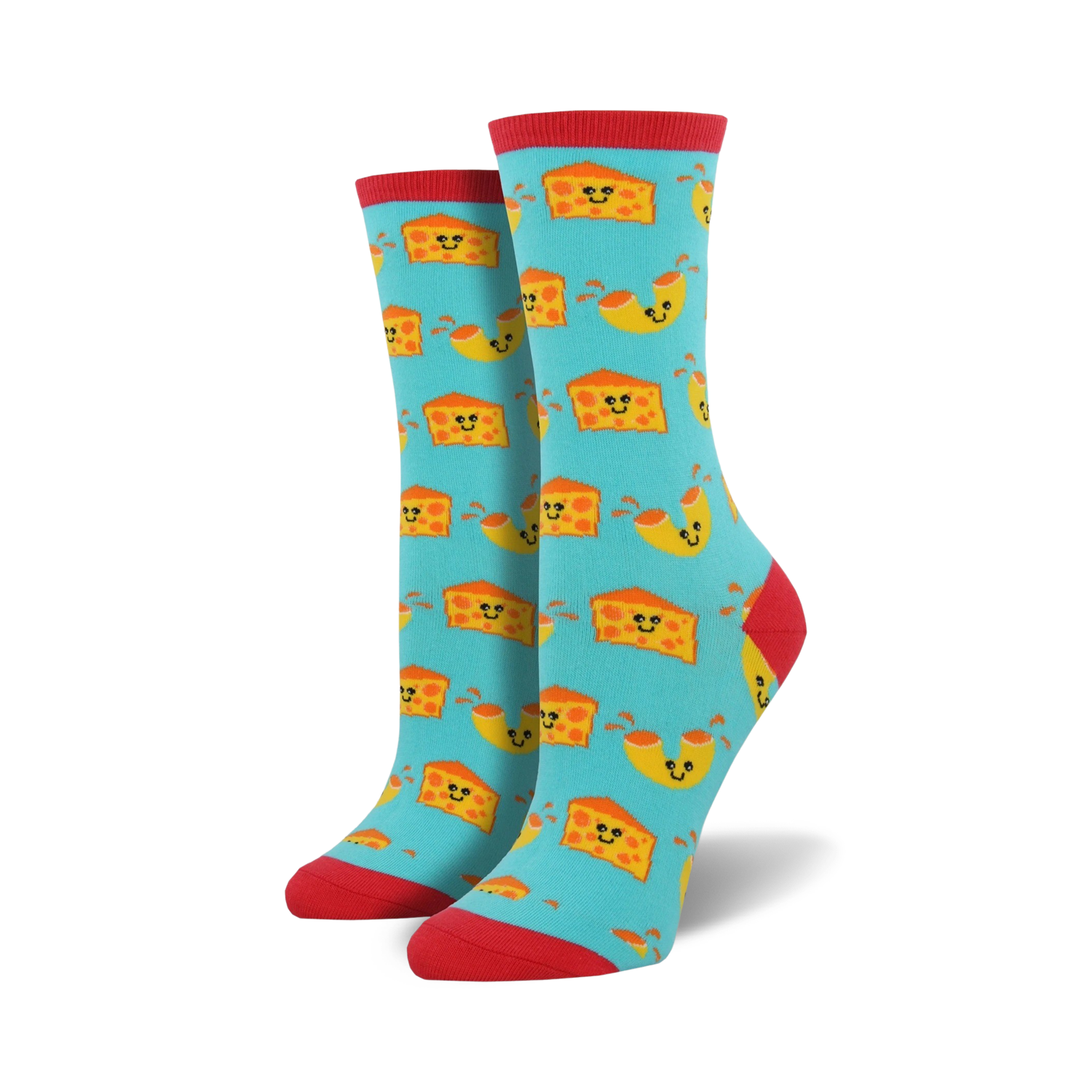 Pair of crew socks with a teal background and repeating pattern of smiling macaroni and cheese pieces. Red cuffs.