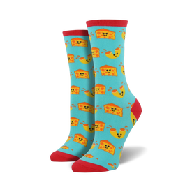 blue women's crew length socks designed with a cartoon macaroni and cheese pattern in orange and yellow, with a red toe and heel.    