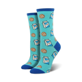Pair of teal crew socks with a repeating pattern of cartoon cookies and milk cartons. 