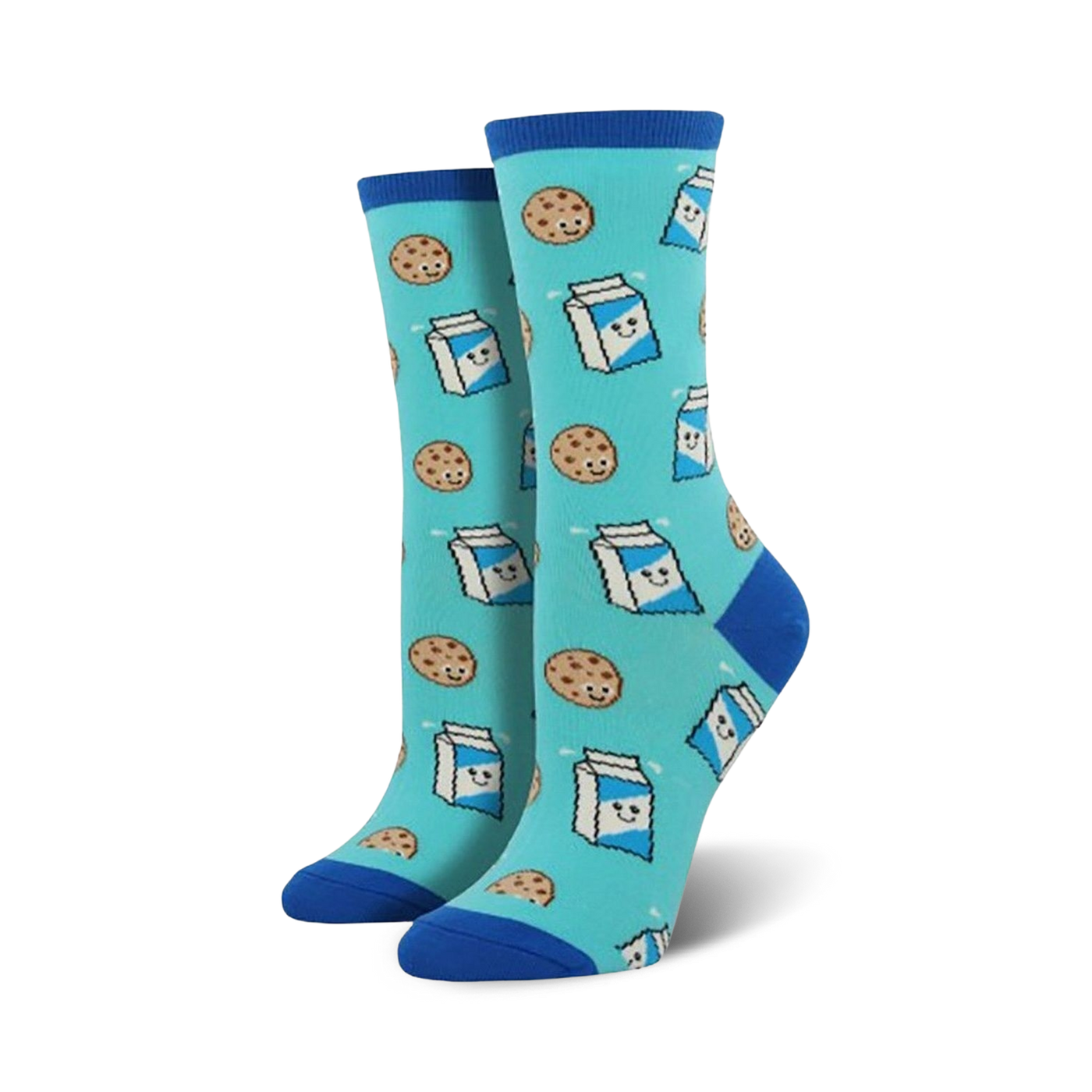 Pair of teal crew socks with a repeating pattern of cartoon cookies and milk cartons. 