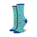 Pair of teal crew socks with a repeating pattern of cartoon cookies and milk cartons. 