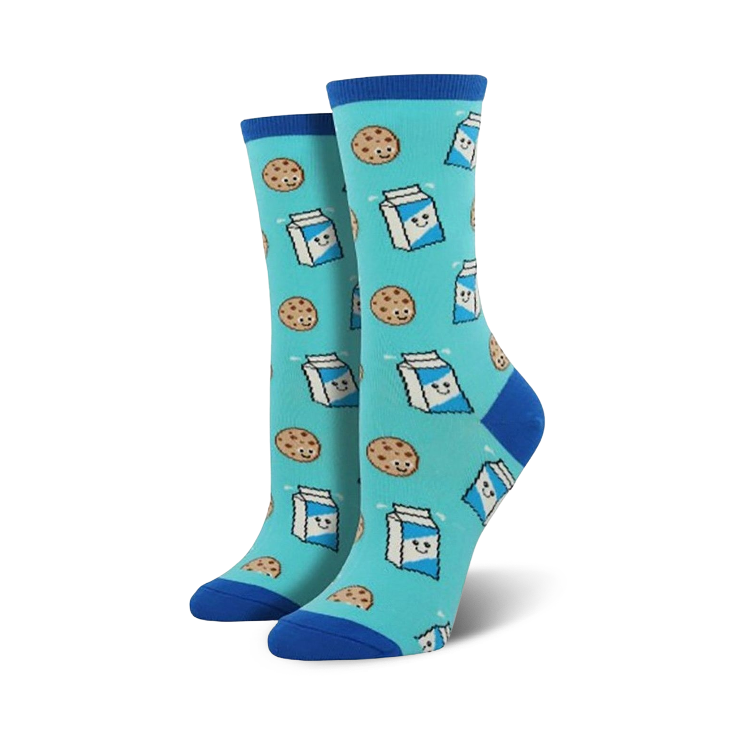 Pair of teal crew socks with a repeating pattern of cartoon cookies and milk cartons. 