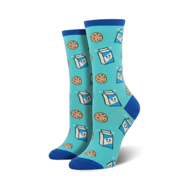 blue crew socks featuring chocolate chip cookies and cartons of milk pattern. perfect for movie night.  