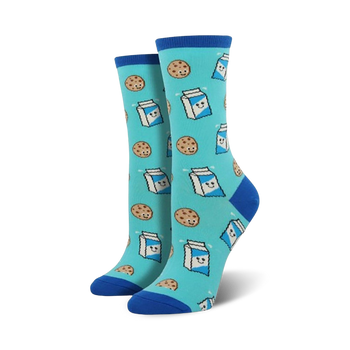 blue crew socks featuring chocolate chip cookies and cartons of milk pattern. perfect for movie night.  