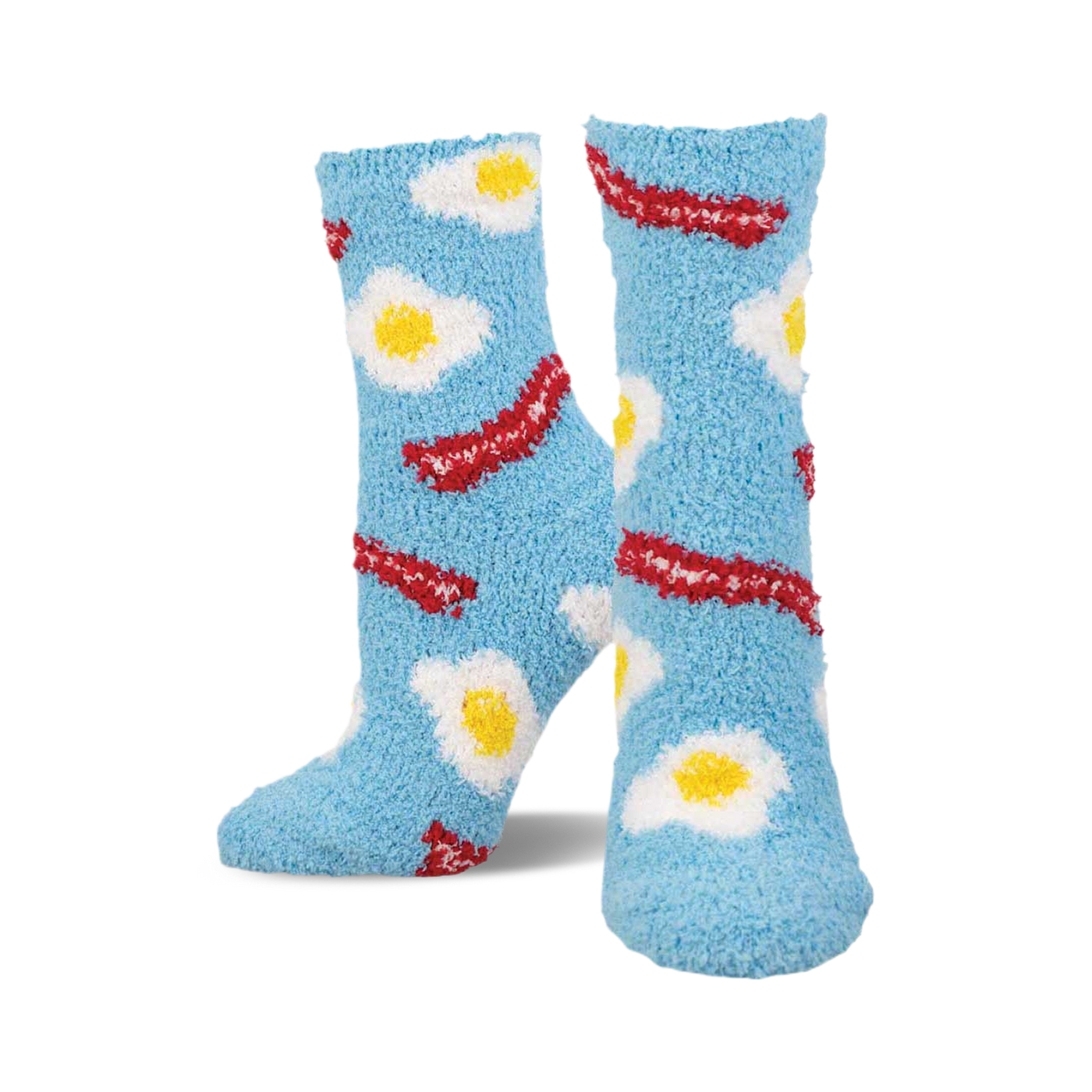 Pair of light blue fuzzy socks with a pattern of fried eggs and bacon. Crew-length, comfy and fun!