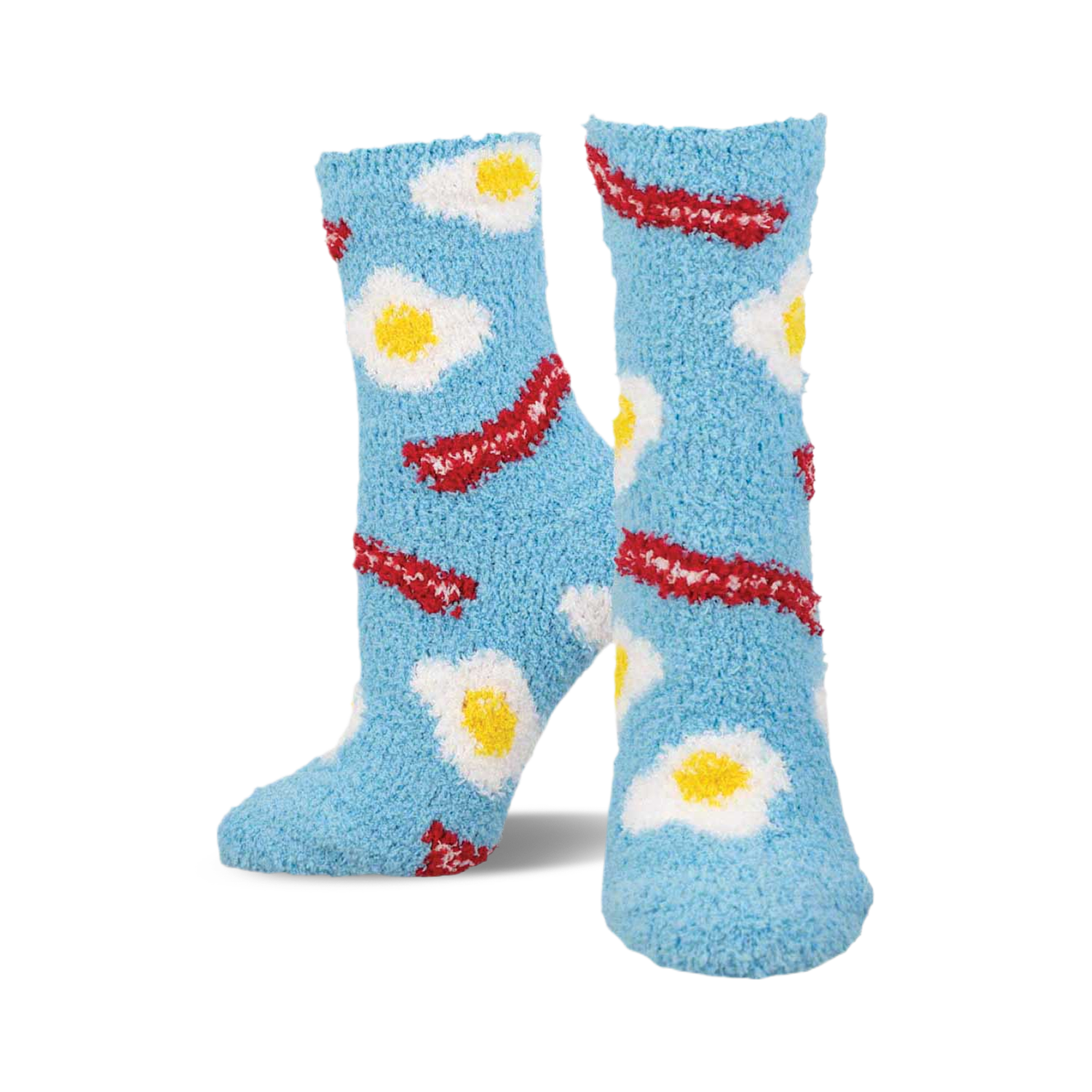 Pair of light blue fuzzy socks with a pattern of fried eggs and bacon. Crew-length, comfy and fun!