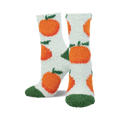 Pair of fuzzy crew socks in white with orange fuzzy oranges and green leaves.  Toes are dark green fuzzy.