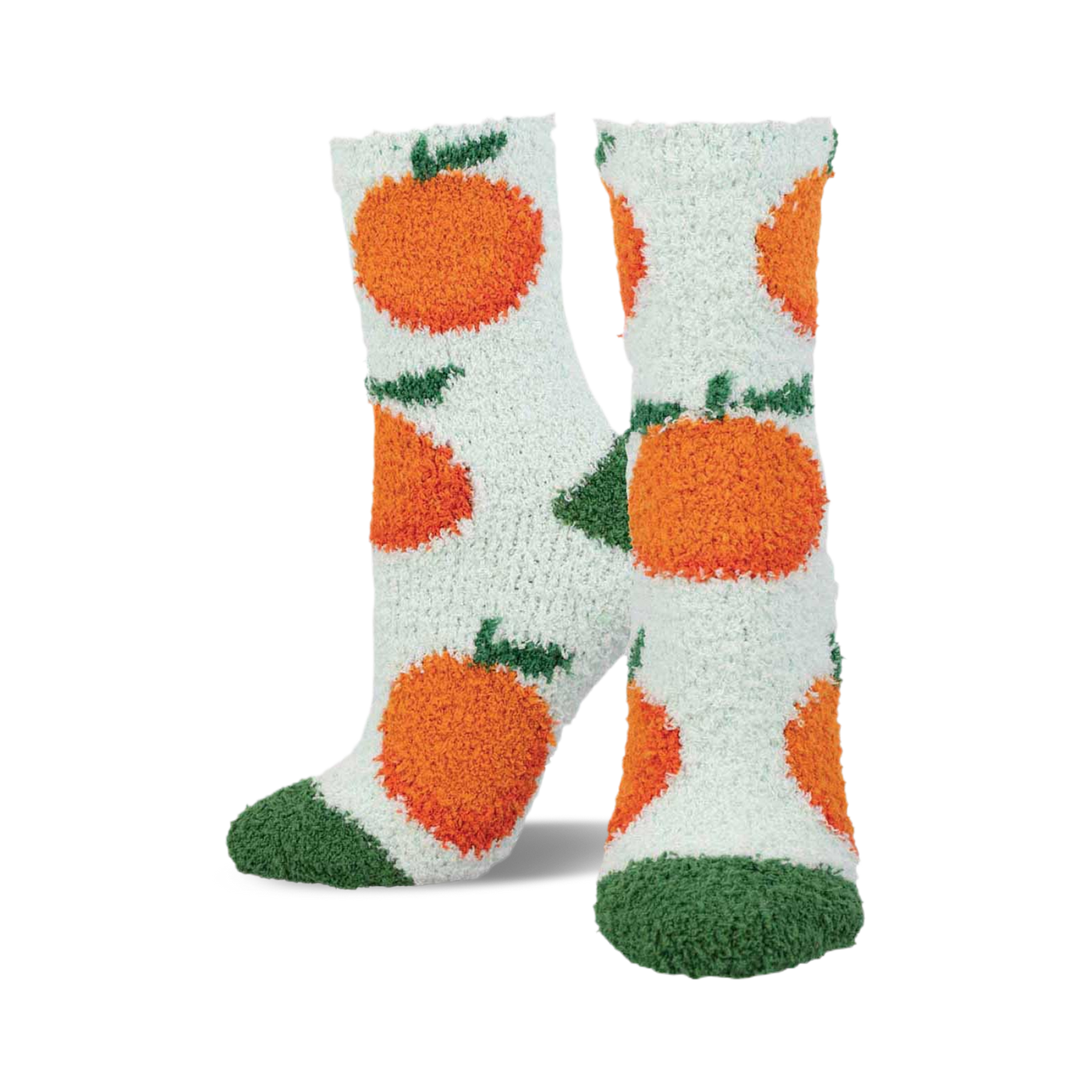 Pair of fuzzy crew socks in white with orange fuzzy oranges and green leaves.  Toes are dark green fuzzy.