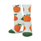 Pair of fuzzy crew socks in white with orange fuzzy oranges and green leaves.  Toes are dark green fuzzy.