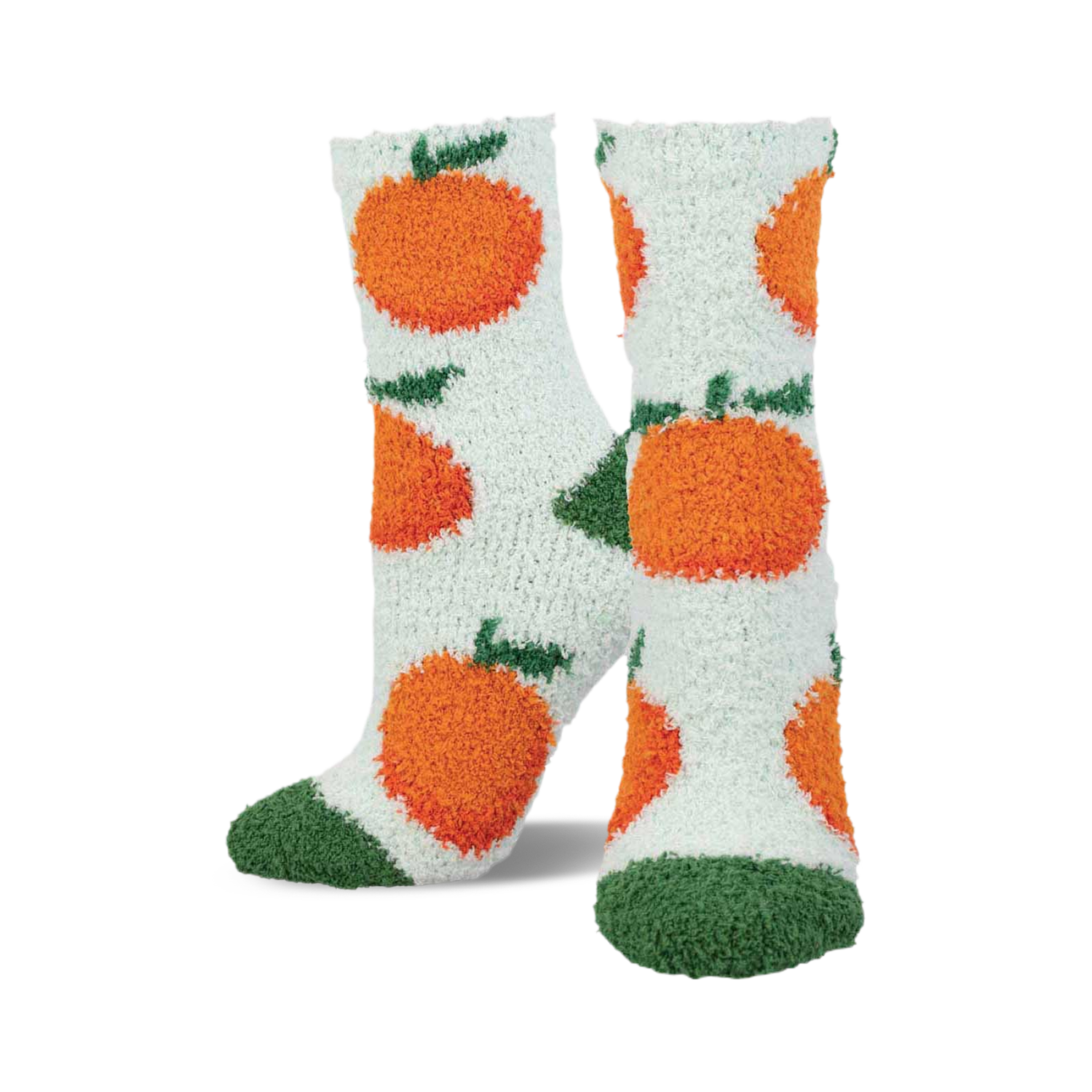 Pair of fuzzy crew socks in white with orange fuzzy oranges and green leaves.  Toes are dark green fuzzy.