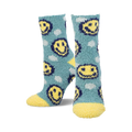 Pair of teal fuzzy socks with yellow smiley faces and white cloud accents.  Yellow fuzzy cuffs.