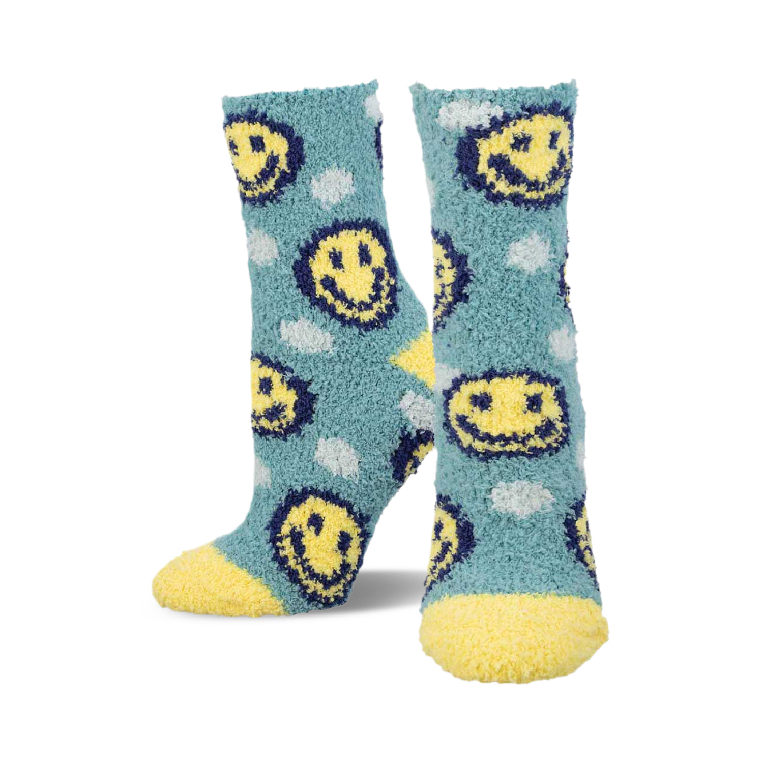 Pair of teal fuzzy socks with yellow smiley faces and white cloud accents.  Yellow fuzzy cuffs.