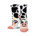 Pair of fuzzy crew socks featuring a black and white cow pattern with pink accents.  The toes are a solid pink.
