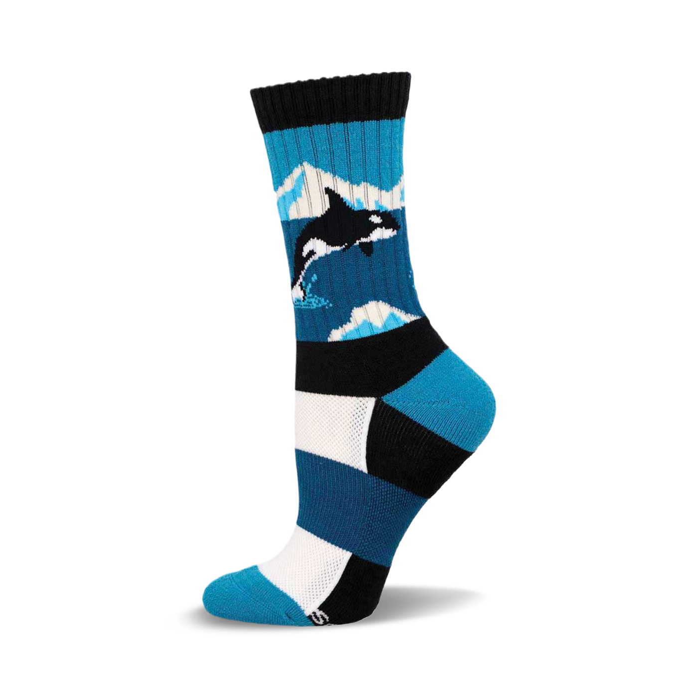 Crew socks in teal, white, and black, featuring an orca whale graphic against a blue ocean background.  Cozy wool blend.