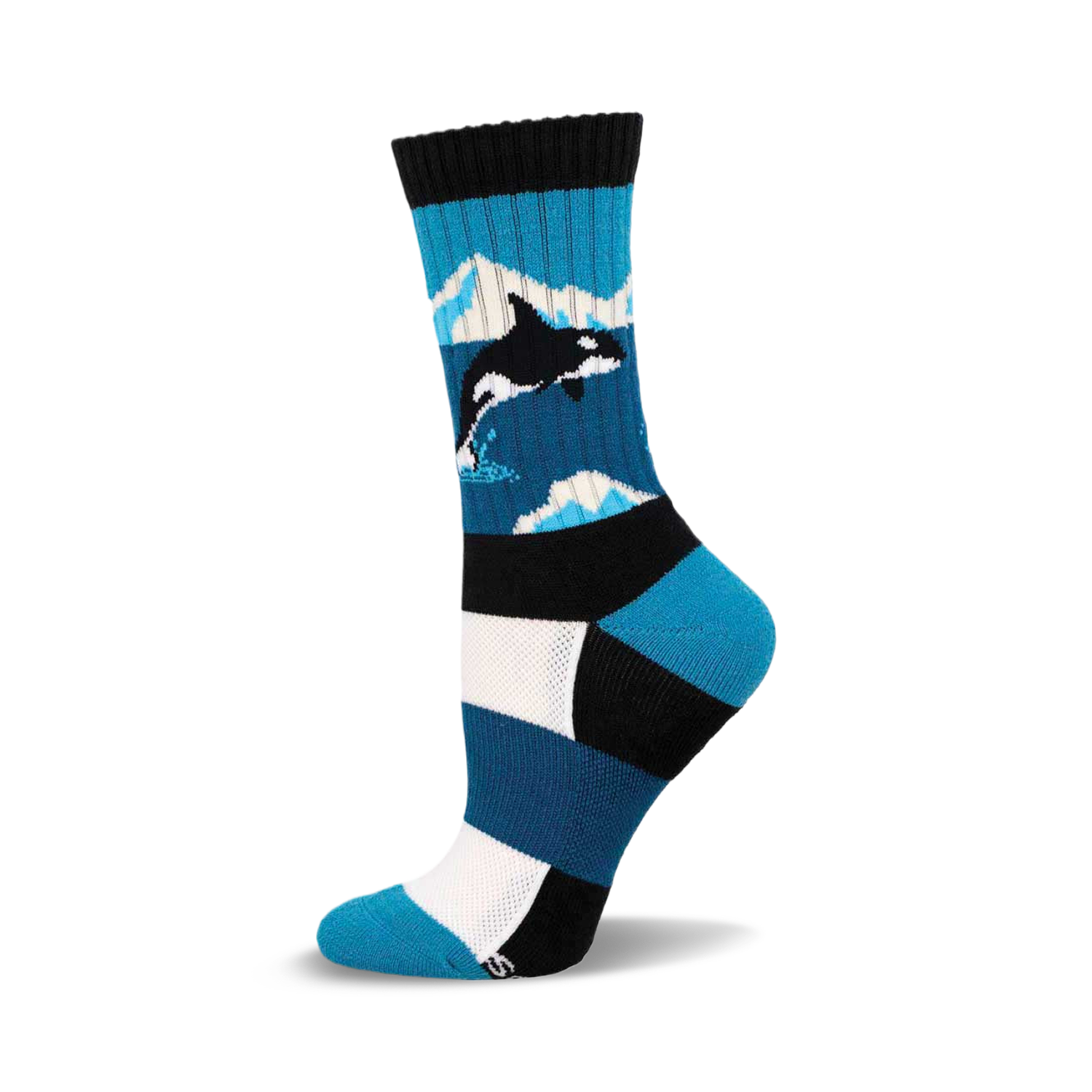 Crew socks in teal, white, and black, featuring an orca whale graphic against a blue ocean background.  Cozy wool blend.