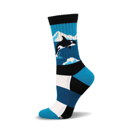 a pair of socks with a blue and white striped pattern and a black orca whale on one of the stripes.  the socks are black at the top and have white stripes near the bottom.