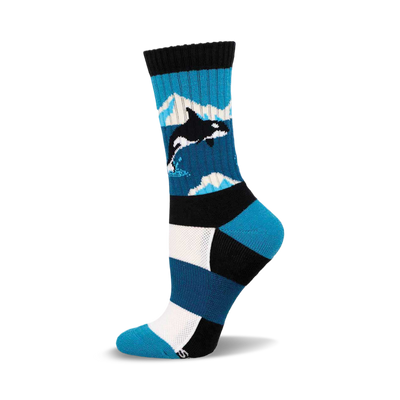 a pair of socks with a blue and white striped pattern and a black orca whale on one of the stripes.  the socks are black at the top and have white stripes near the bottom.