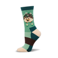 Crew socks in teal, green, brown, and cream.  A cute hedgehog with a flower crown is featured on the leg.