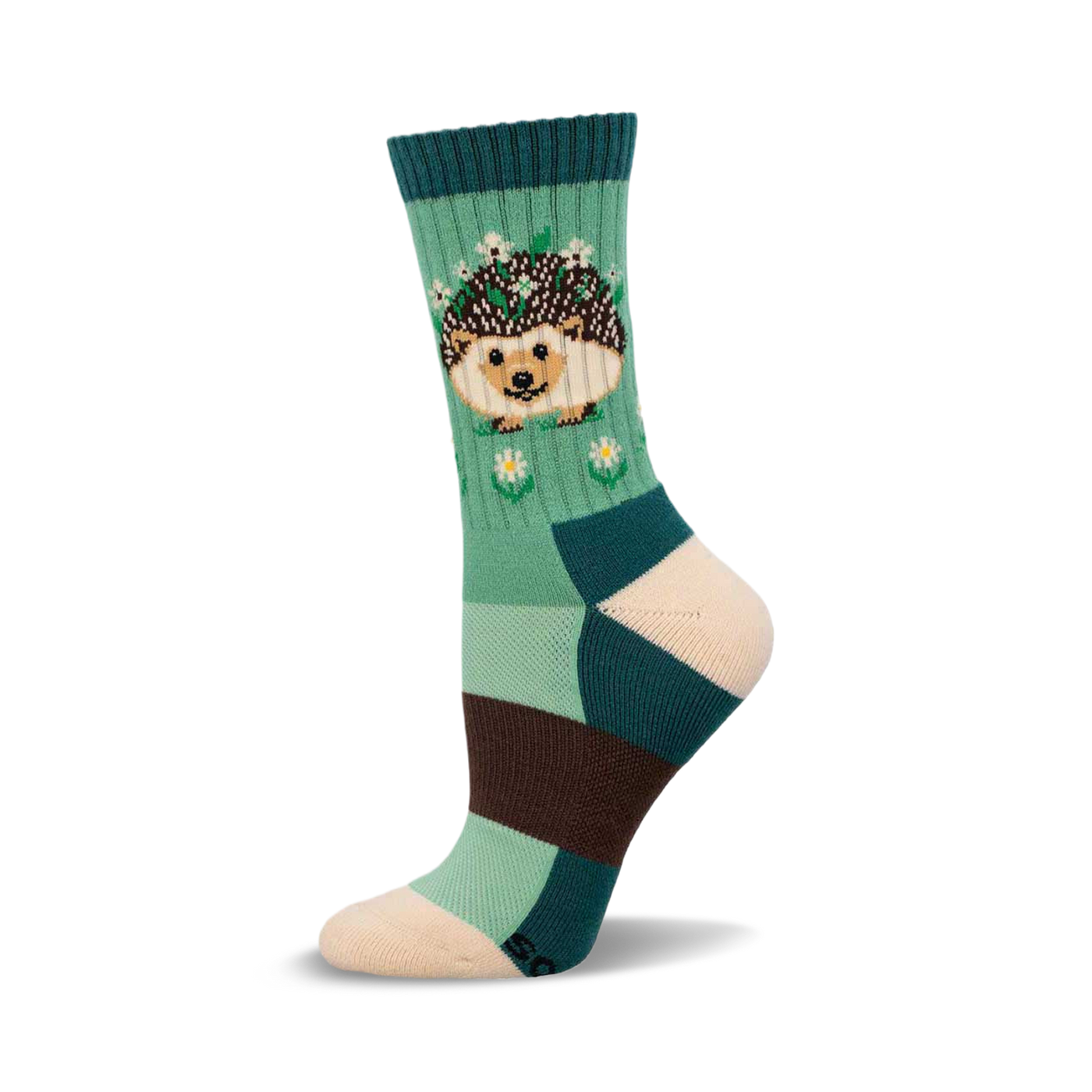 Crew socks in teal, green, brown, and cream.  A cute hedgehog with a flower crown is featured on the leg.