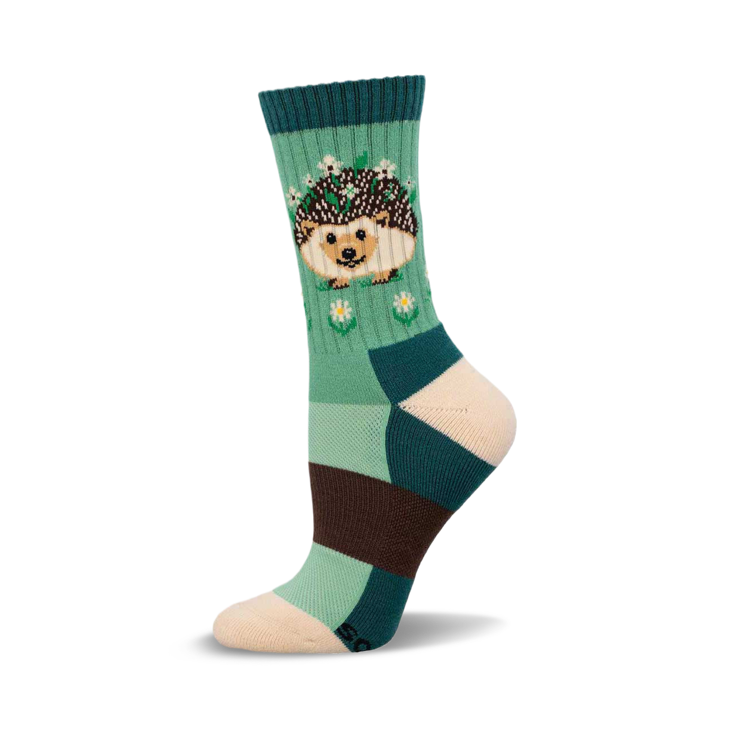 Crew socks in teal, green, brown, and cream.  A cute hedgehog with a flower crown is featured on the leg.