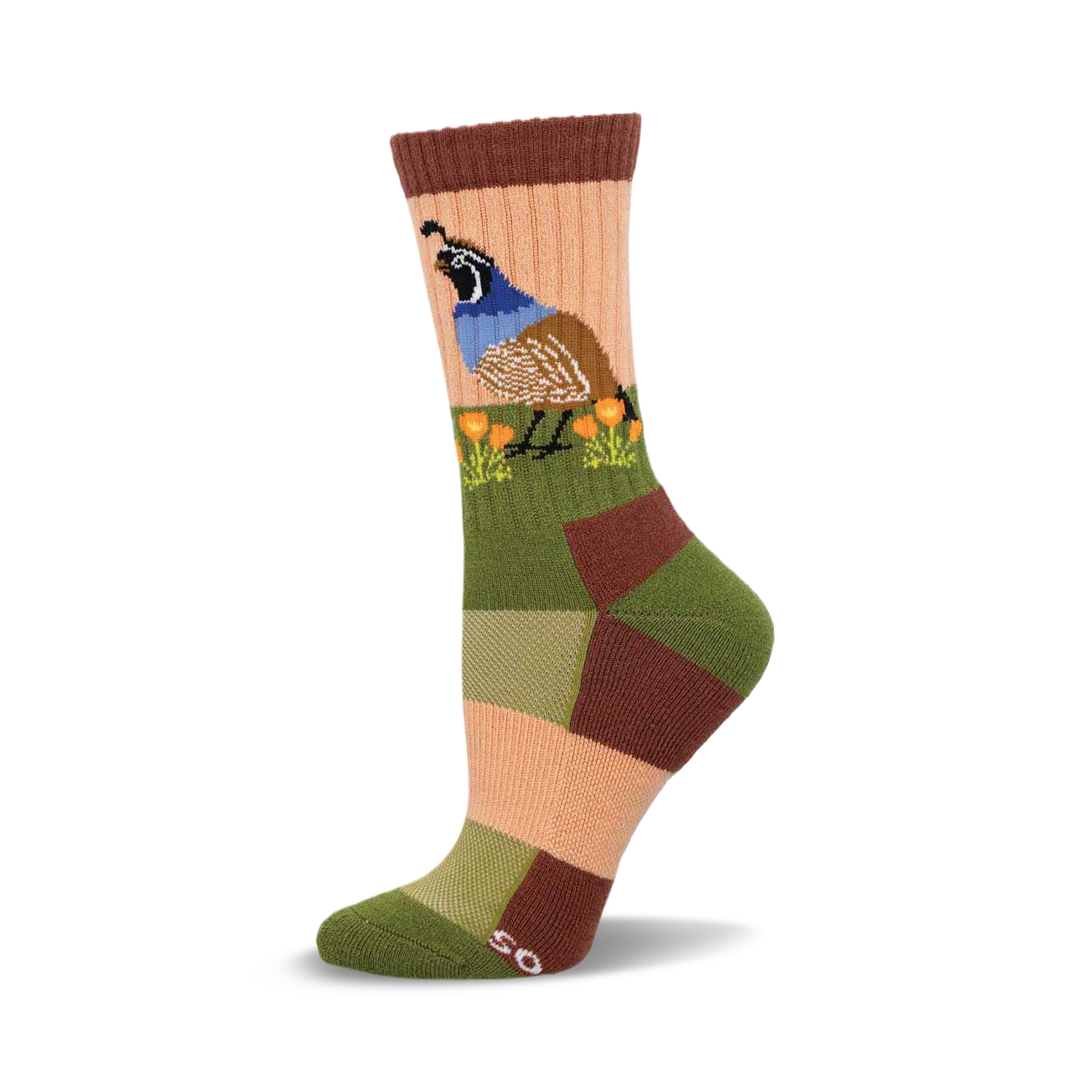 Close-up of a woman's crew sock. The sock features a colorful patchwork design in muted greens, browns, and peach, and an illustration of a quail among poppies.