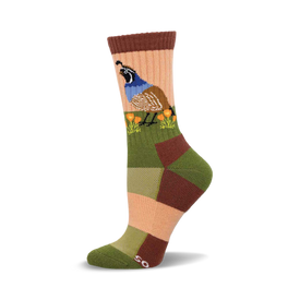 a pair of socks with a quail and flowers on them. the socks are peach, green, and brown.