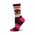 Crew socks in maroon and pink with a horizontal stripe pattern. A brown bison graphic is featured on the upper section, along with Native American-inspired geometric designs.