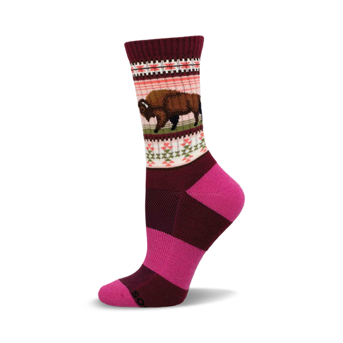 Crew socks in maroon and pink with a horizontal stripe pattern. A brown bison graphic is featured on the upper section, along with Native American-inspired geometric designs.