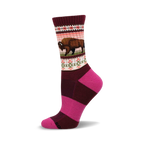 Crew socks in maroon and pink with a horizontal stripe pattern. A brown bison graphic is featured on the upper section, along with Native American-inspired geometric designs.