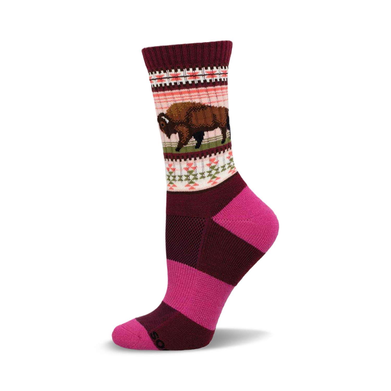 Crew socks in maroon and pink with a horizontal stripe pattern. A brown bison graphic is featured on the upper section, along with Native American-inspired geometric designs.
