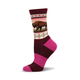 a pink and maroon sock with a brown bison on it. the sock has a geometric pattern on it.