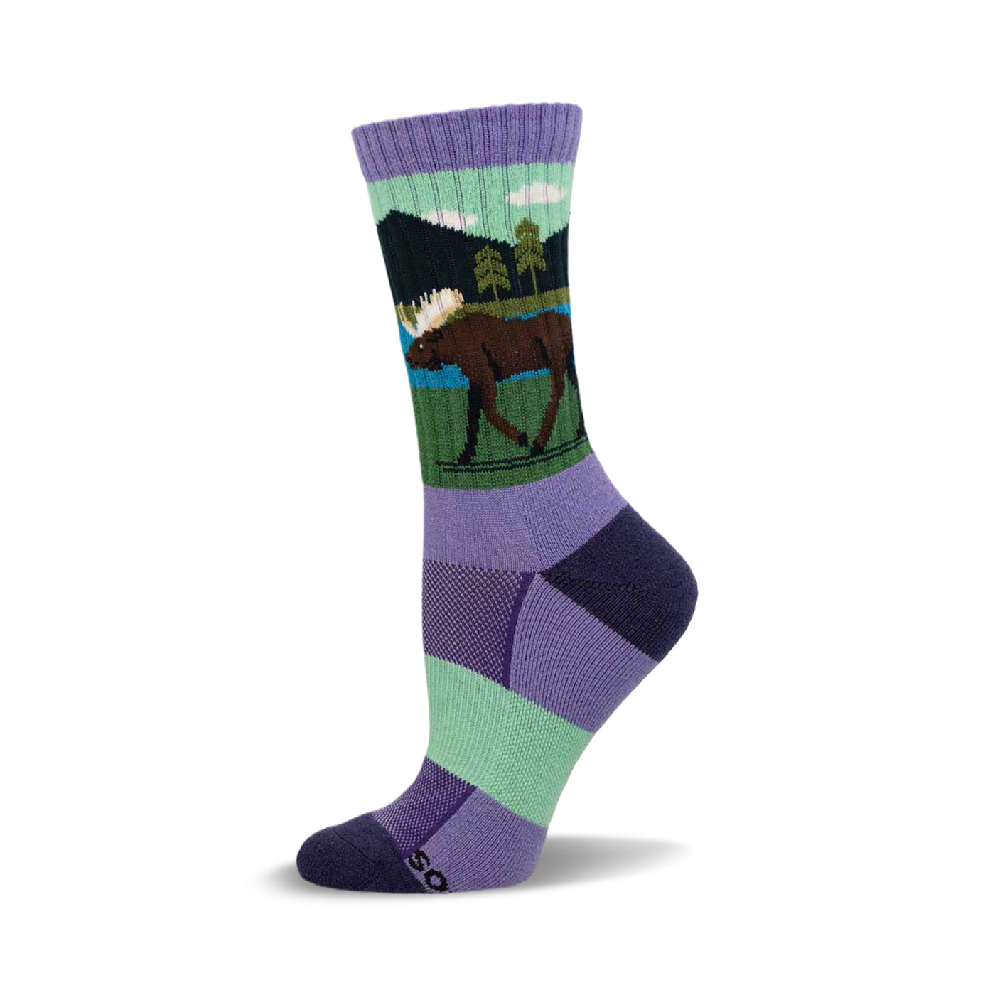 Crew socks in purple, green, and dark blue featuring a moose illustration in a lakeside scene.