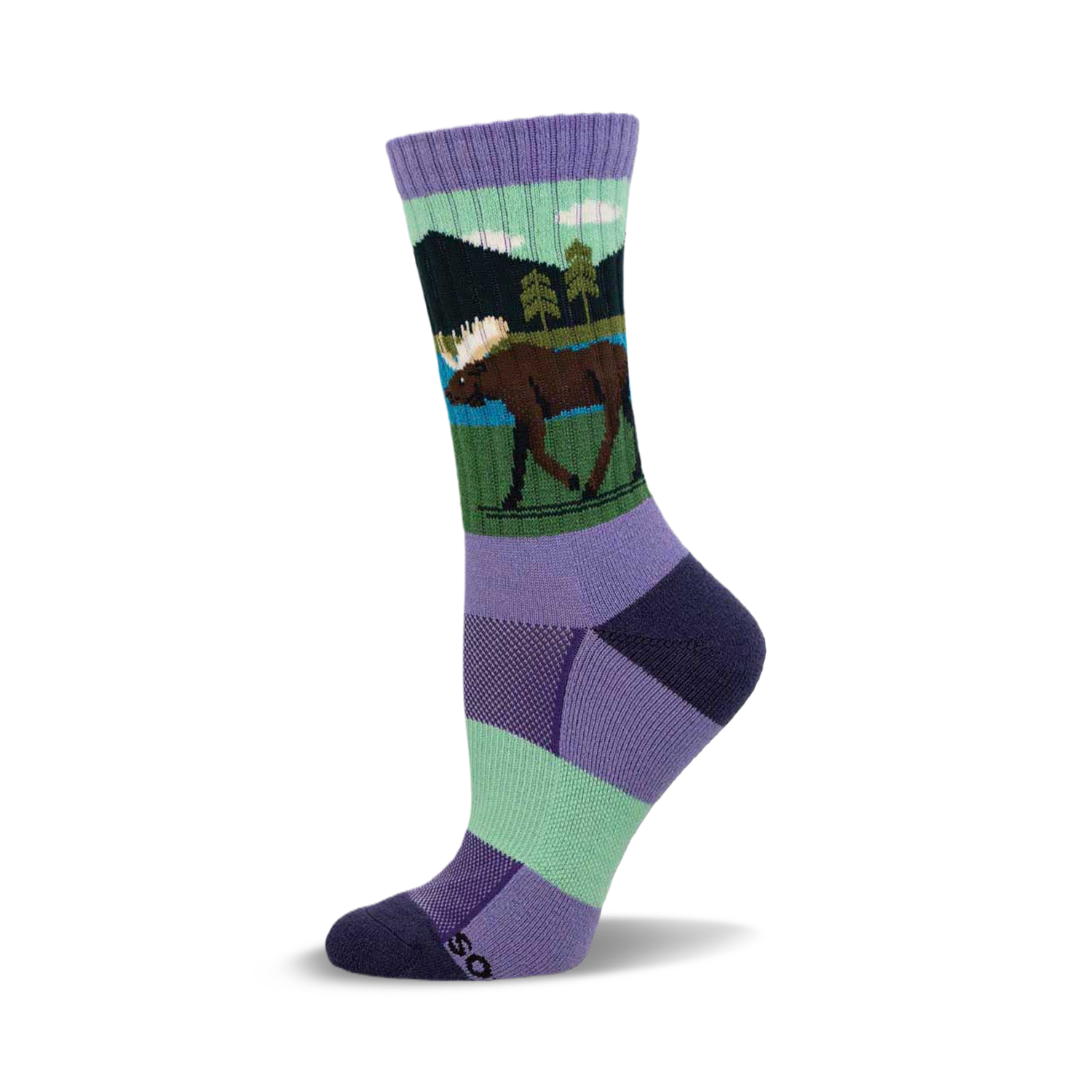 Crew socks in purple, green, and dark blue featuring a moose illustration in a lakeside scene.