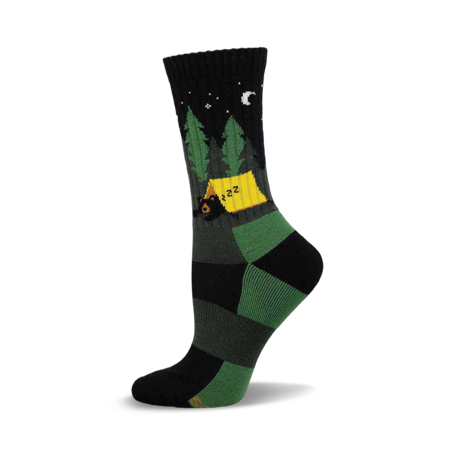 Crew socks in black and green featuring a campsite scene with a bear in a tent, trees, and a crescent moon at night.